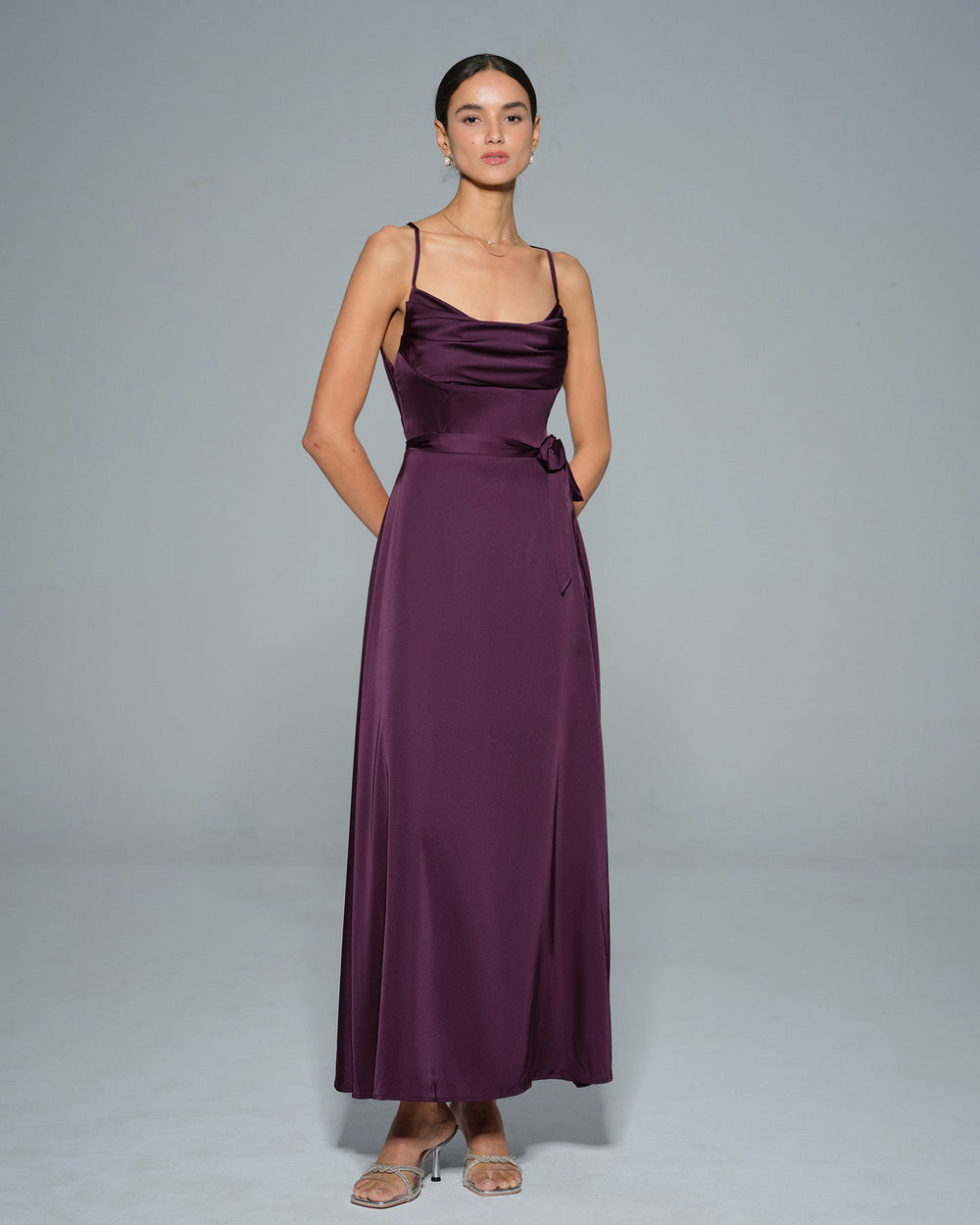 Purple Cowl Neck Satin Maxi Dress | Rihoas