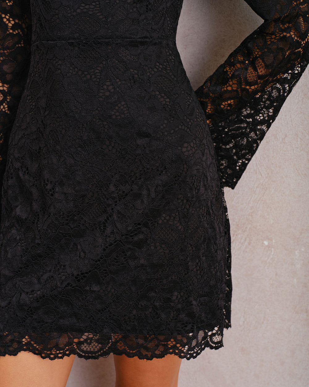 Black Lace Bell Sleeve A-Line Mini Dress | Rihoas