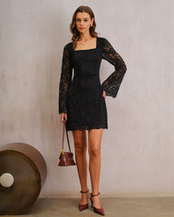 Black Lace Bell Sleeve A-Line Mini Dress | Rihoas