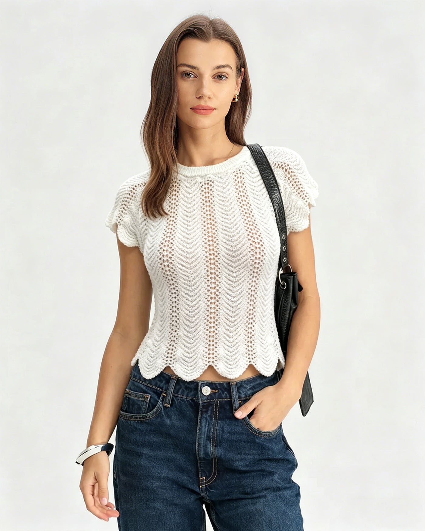 White Round Neck Textured Tee | Rihoas