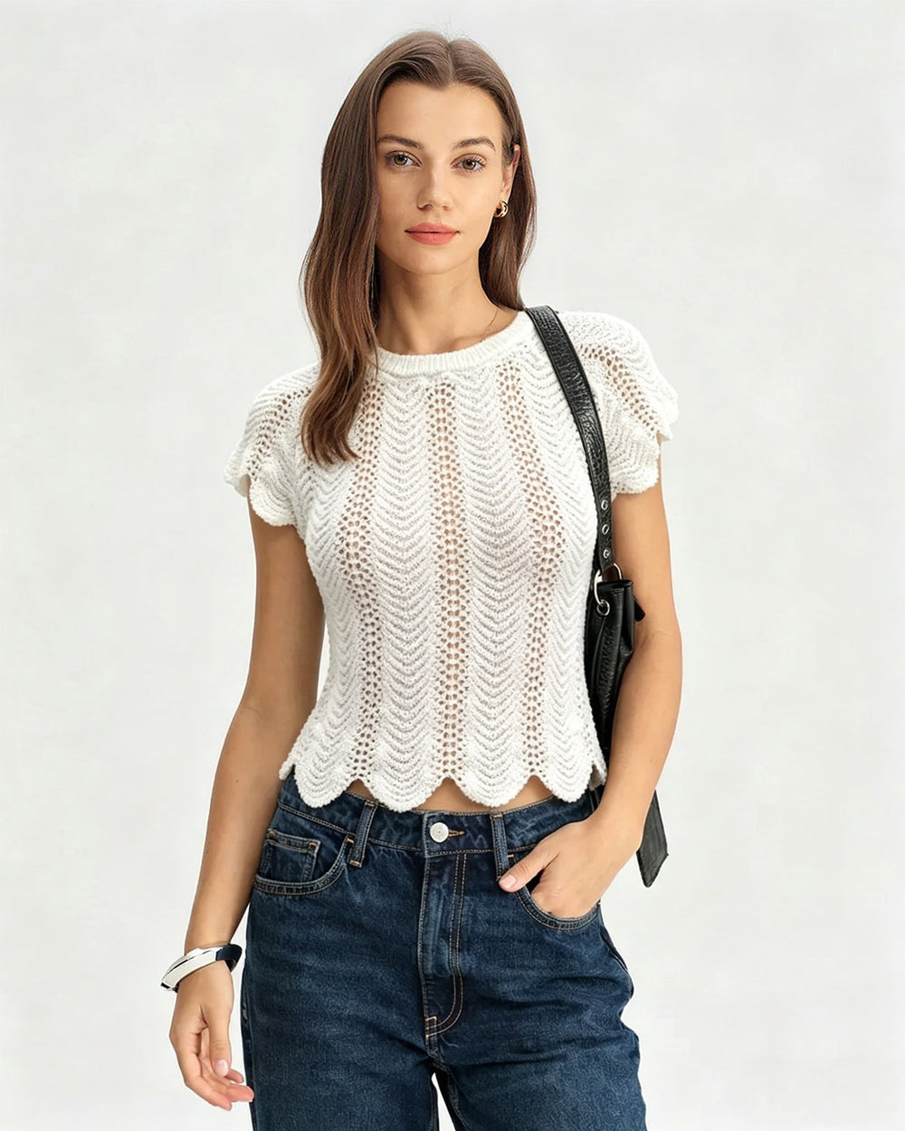 White Round Neck Textured Tee | Rihoas
