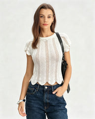 White Round Neck Textured Tee | Rihoas