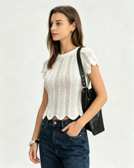 White Round Neck Textured Tee | Rihoas