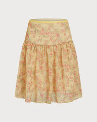 Yellow Floral Splicing Mini Skirt | Rihoas