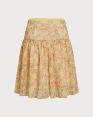 Yellow Floral Splicing Mini Skirt | Rihoas