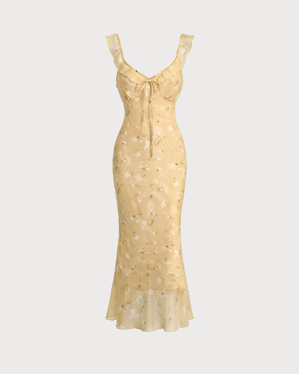 Yellow Floral Ruched Ruffle Midi Dress | Rihoas