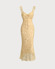 Yellow Floral Ruched Ruffle Midi Dress | Rihoas