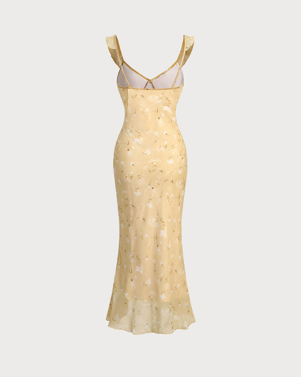 Yellow Floral Ruched Ruffle Midi Dress | Rihoas