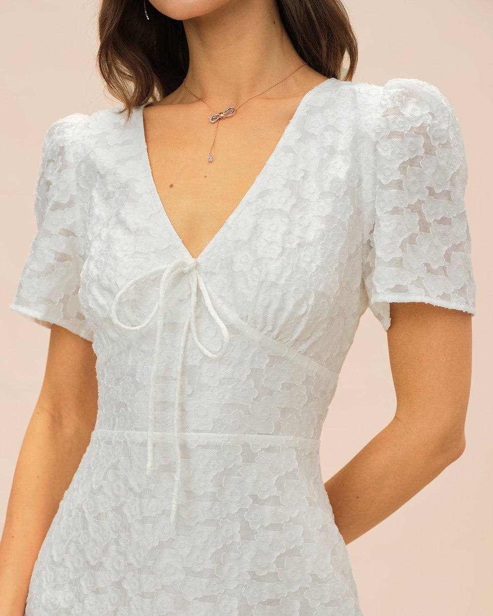 White V Neck Jacquard Mini Dress | Rihoas