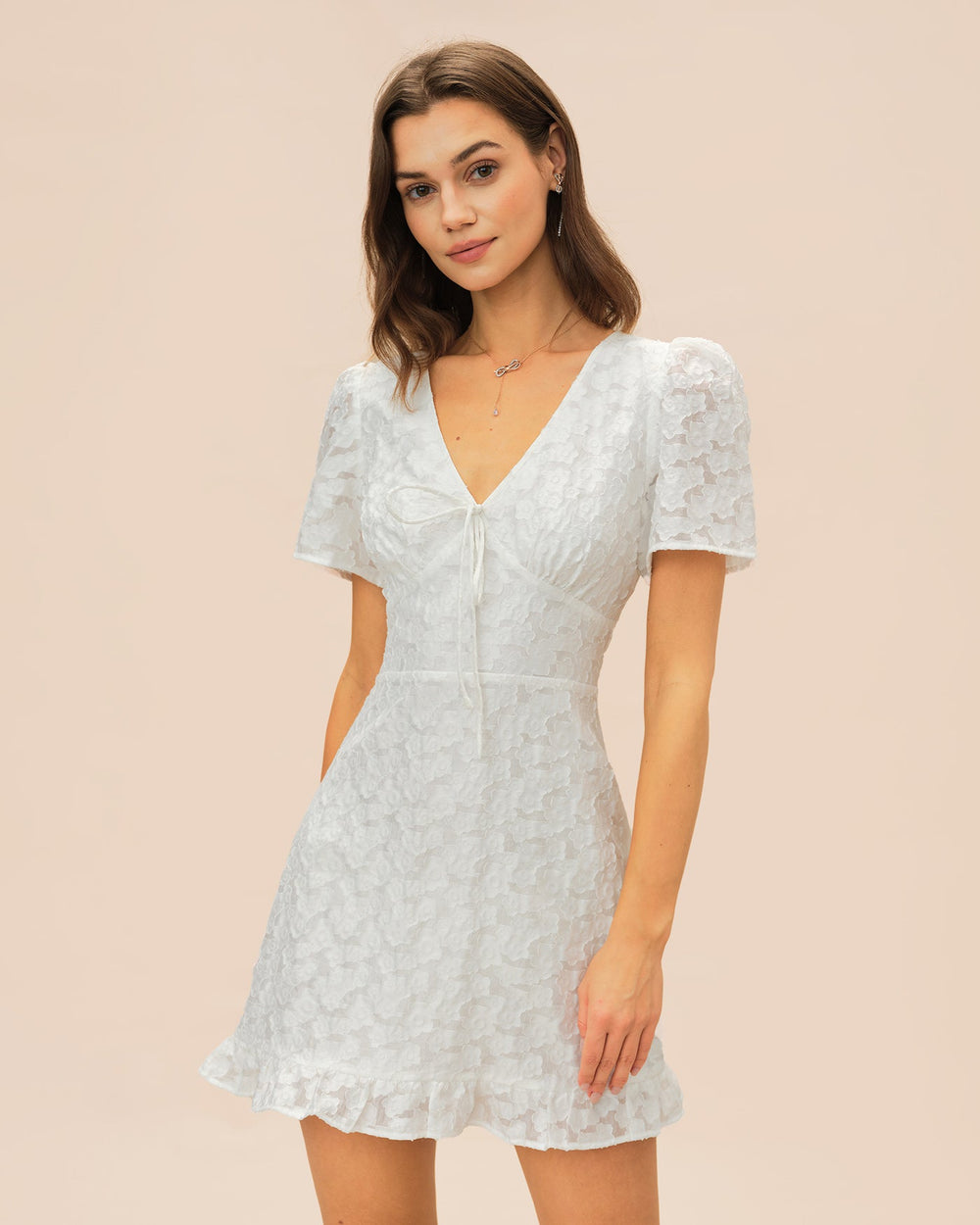 White V Neck Jacquard Mini Dress | Rihoas