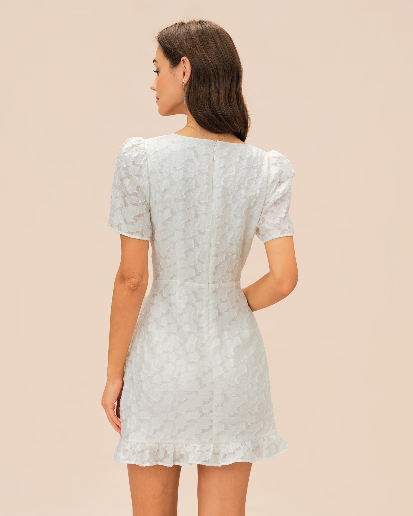White V Neck Jacquard Mini Dress | Rihoas
