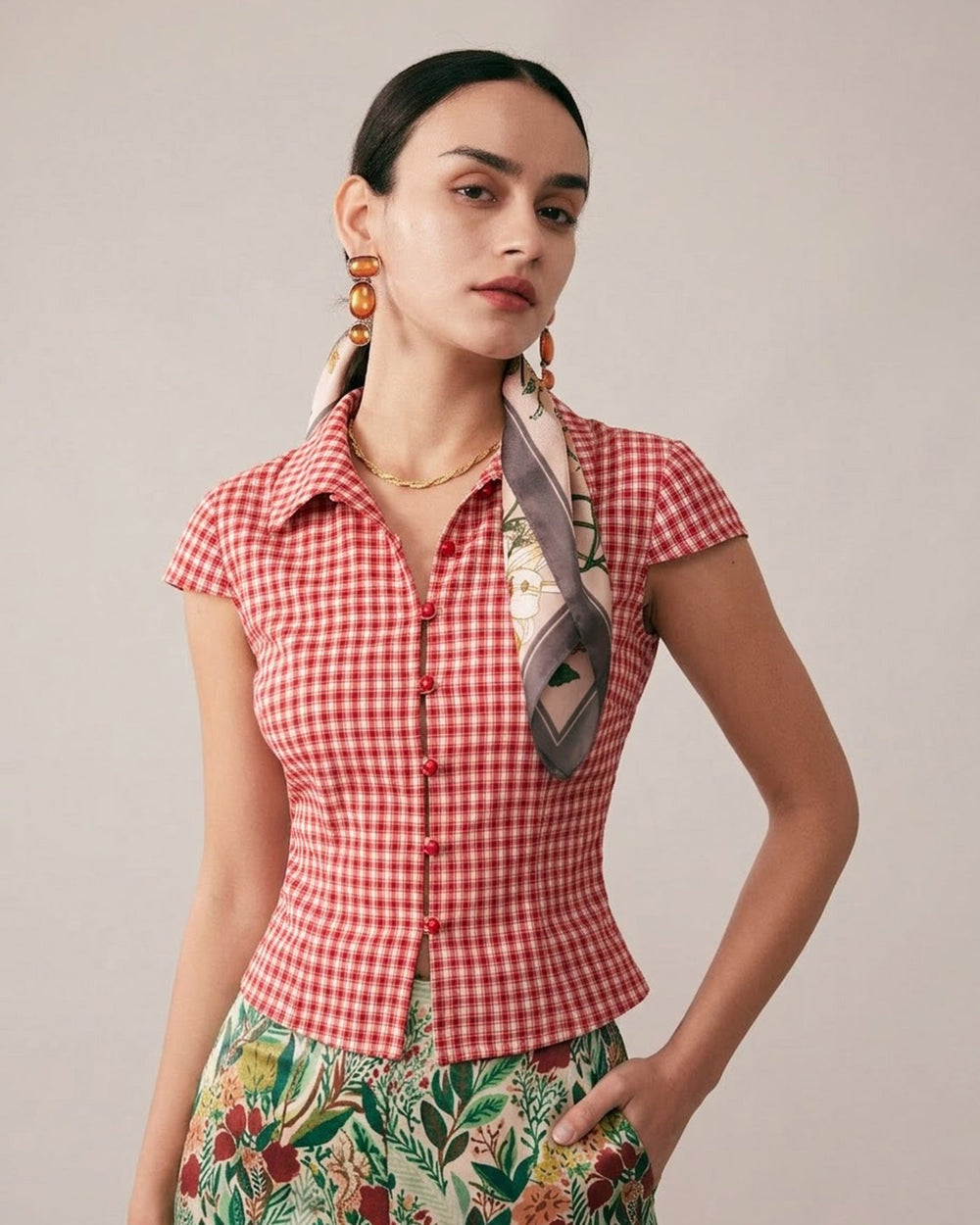 Red Plaid Cap Sleeve Button Blouse | Rihoas
