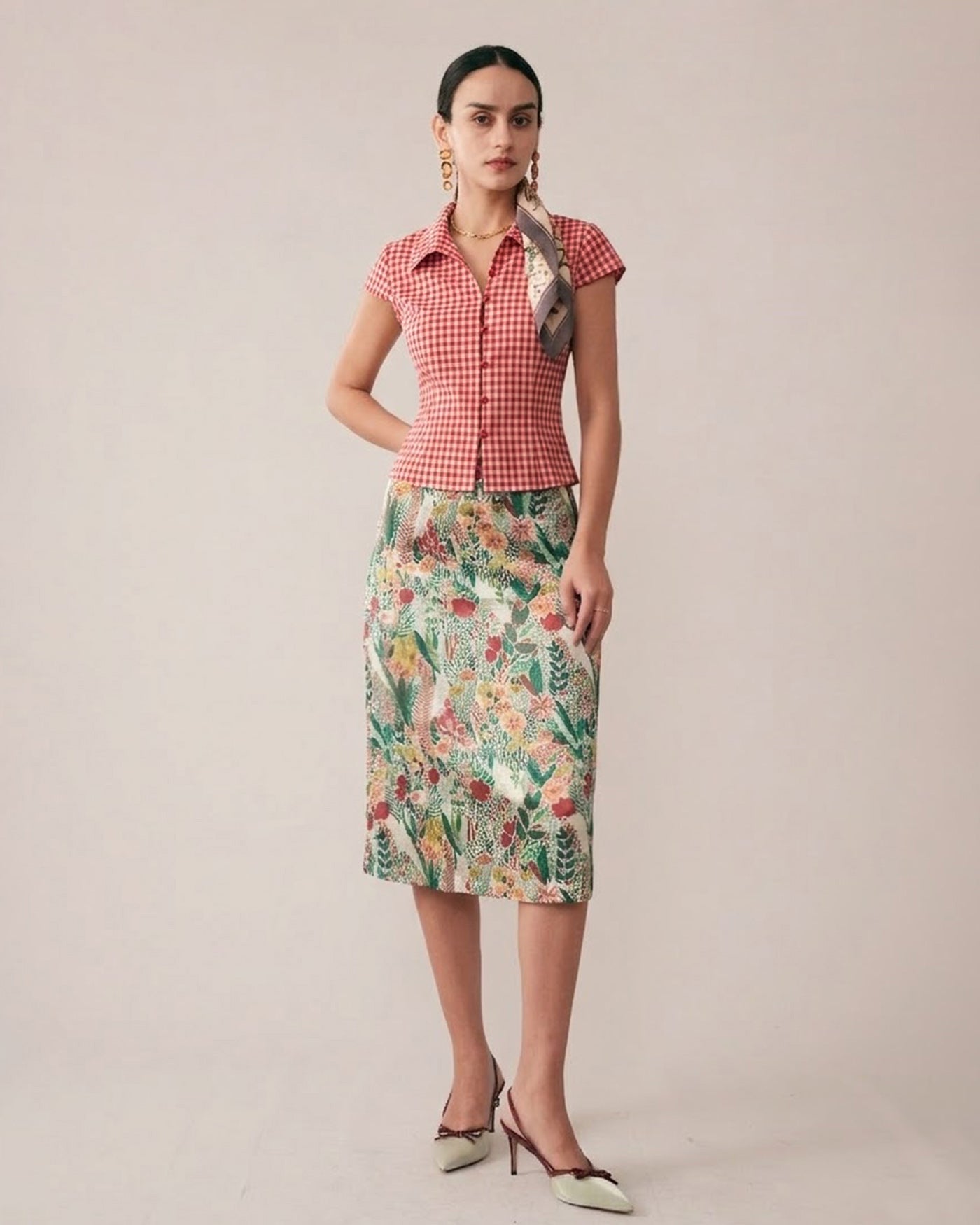 Red Plaid Cap Sleeve Button Blouse | Rihoas