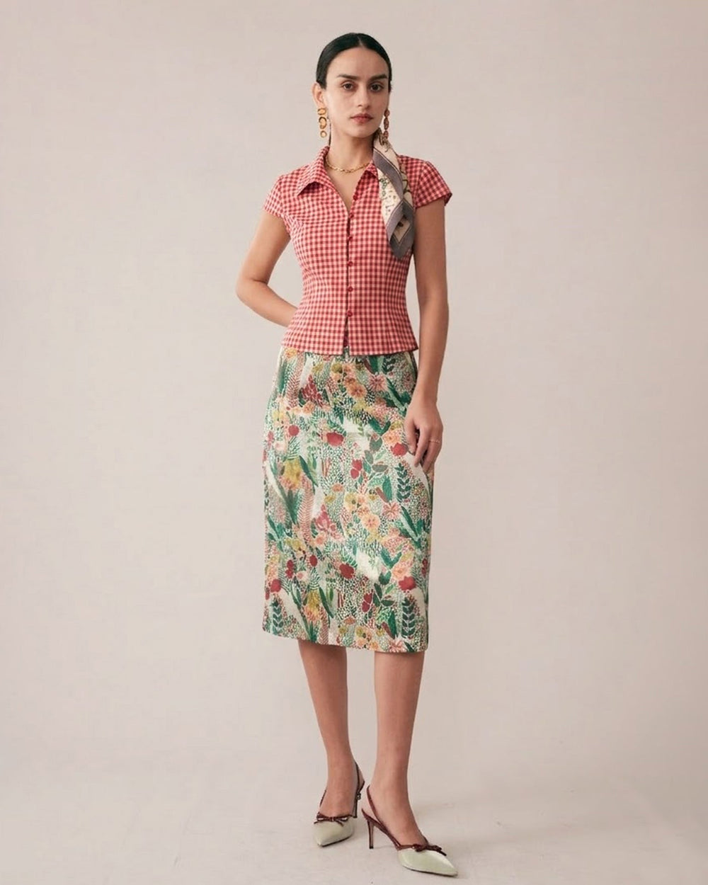 Red Plaid Cap Sleeve Button Blouse | Rihoas