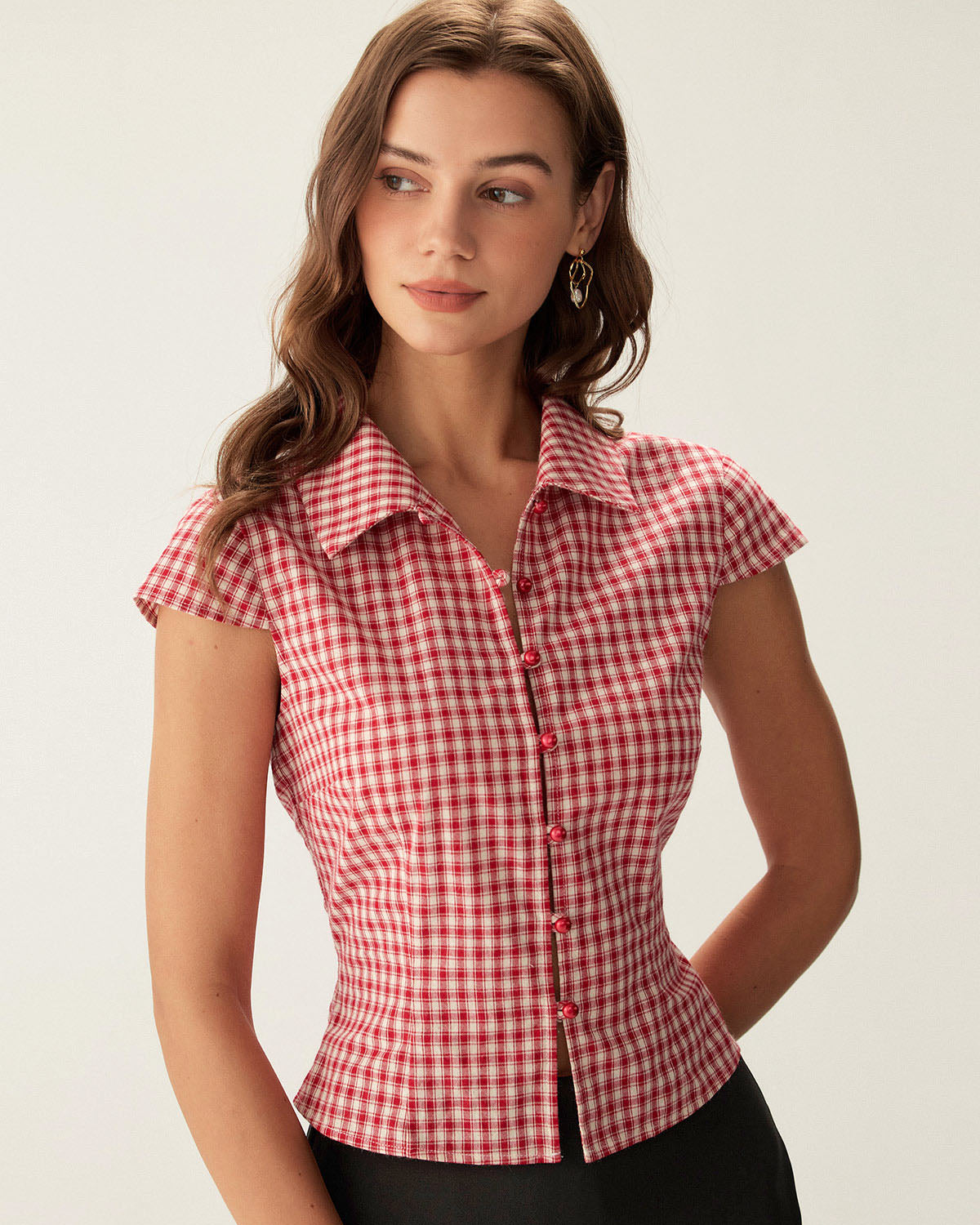 Red Plaid Cap Sleeve Button Blouse | Rihoas