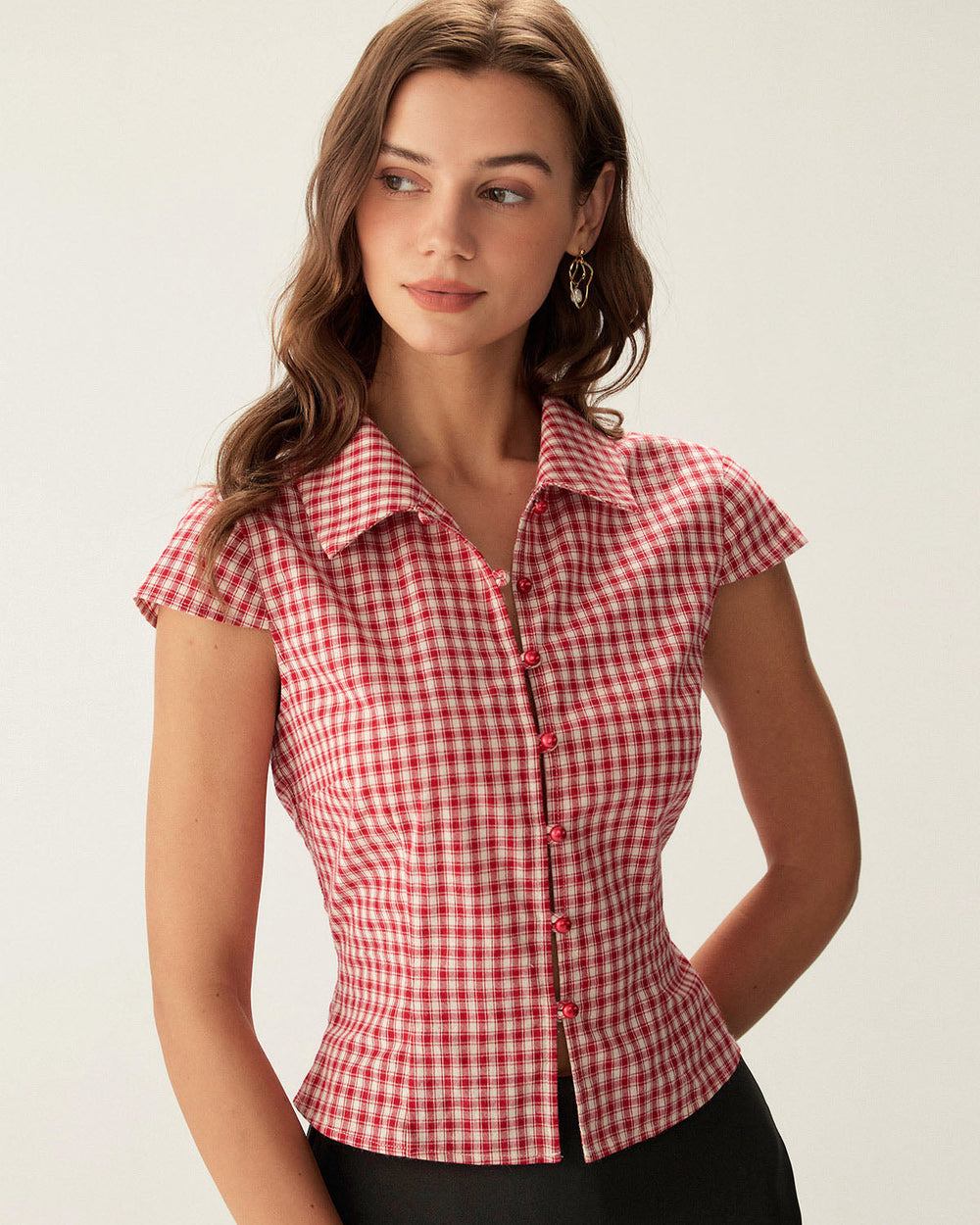 Red Plaid Cap Sleeve Button Blouse | Rihoas
