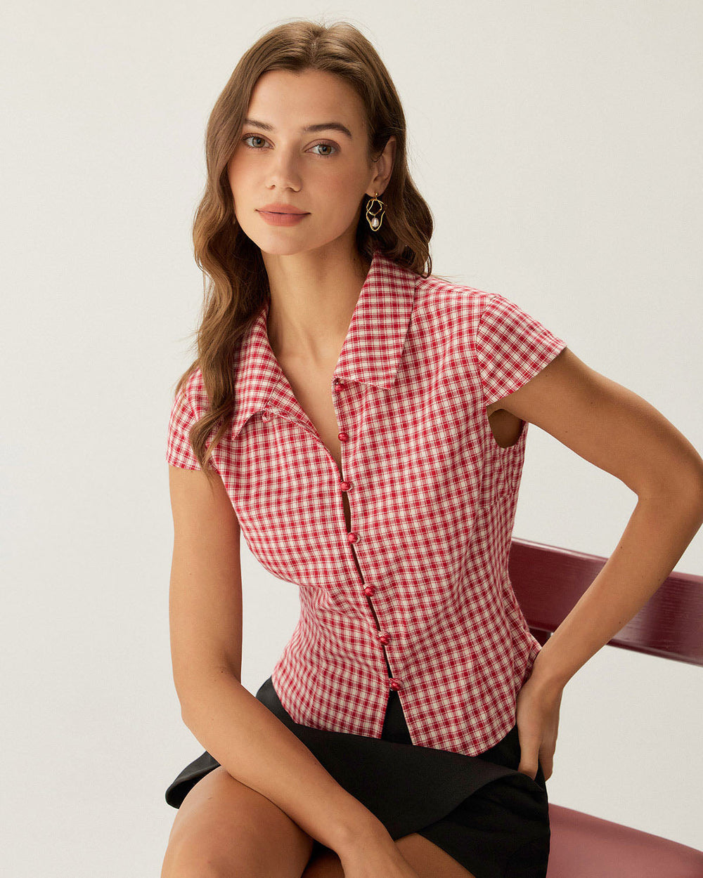 Red Plaid Cap Sleeve Button Blouse | Rihoas