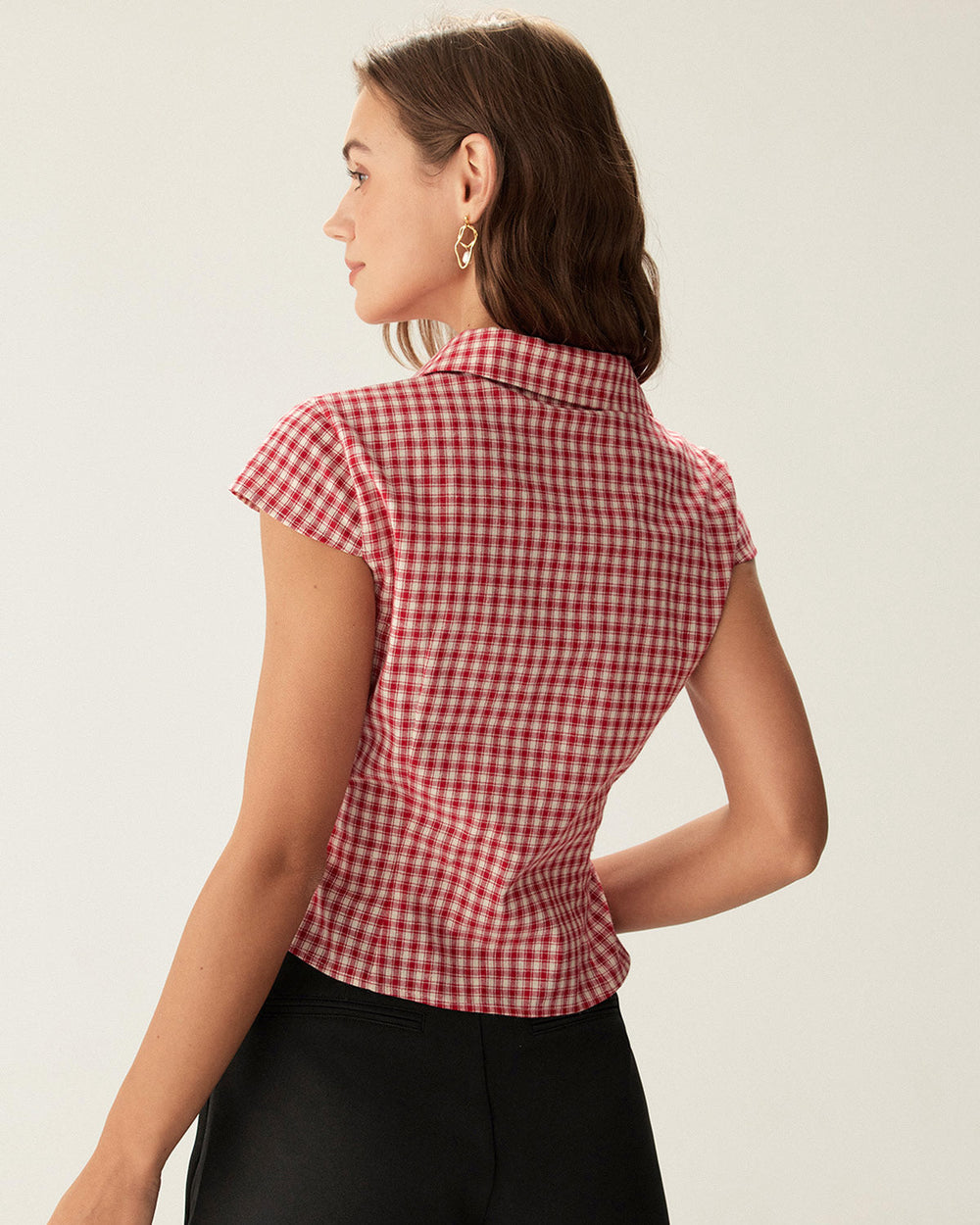 Red Plaid Cap Sleeve Button Blouse | Rihoas