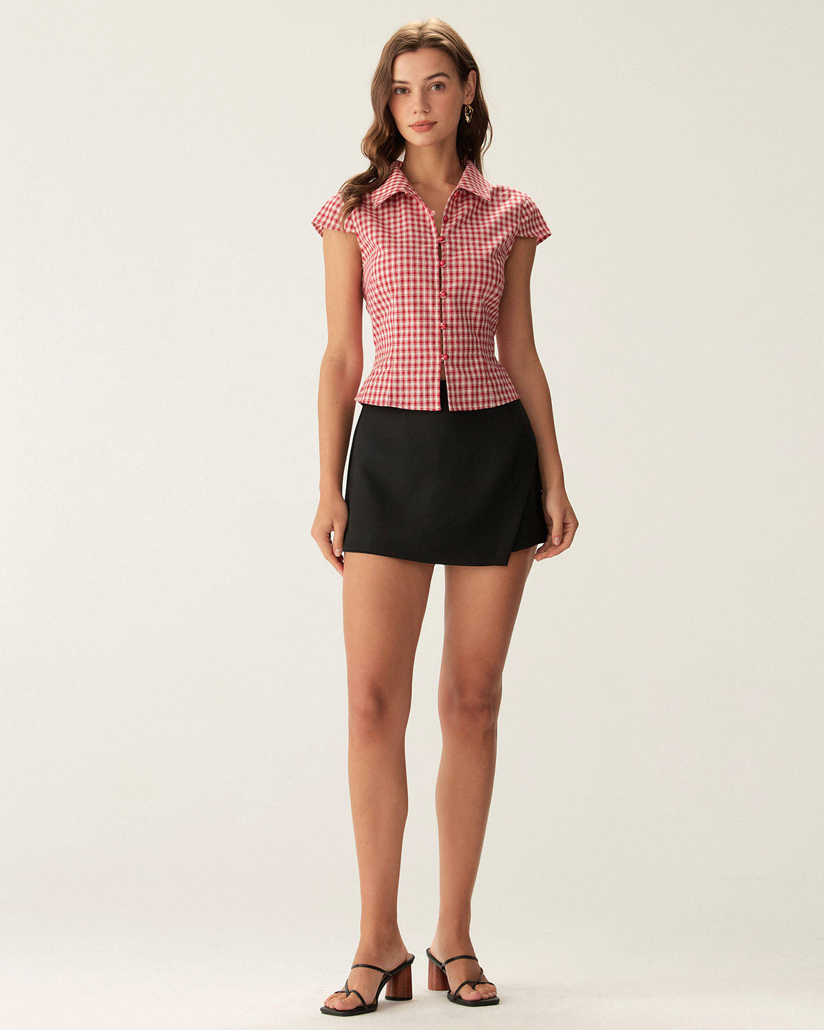 Red Plaid Cap Sleeve Button Blouse | Rihoas