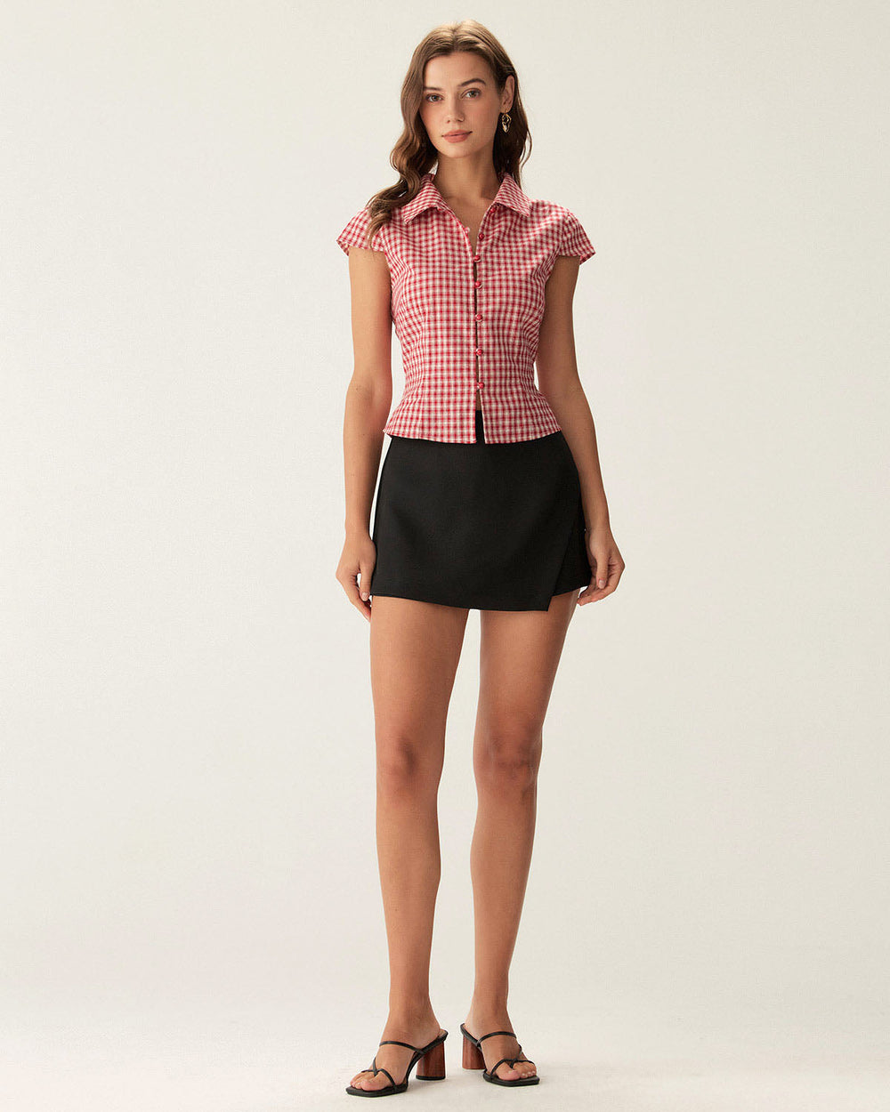 Red Plaid Cap Sleeve Button Blouse | Rihoas