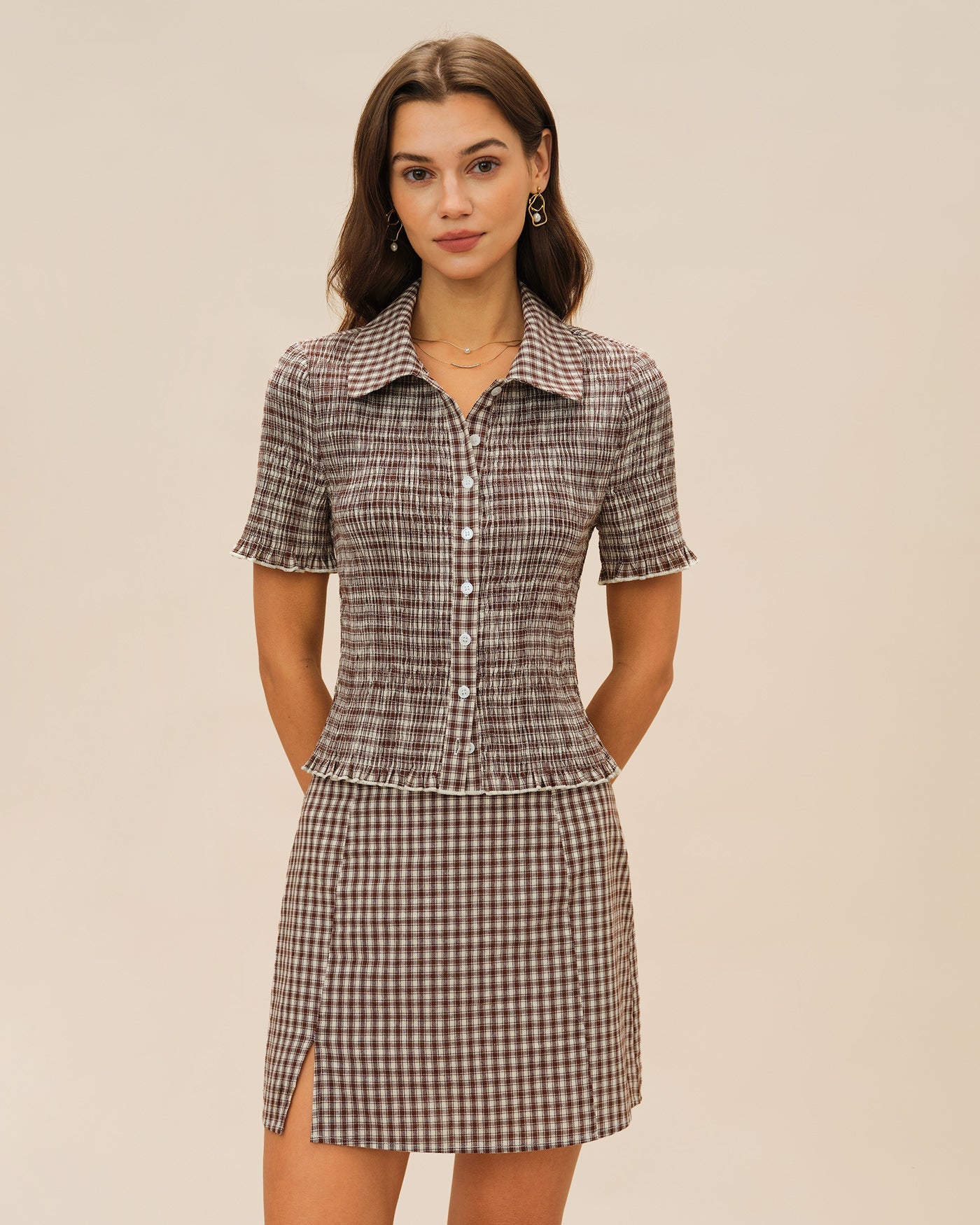 Brown Plaid A-Line Skirt | Rihoas