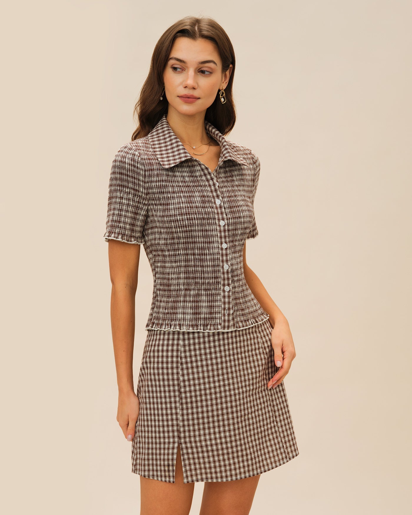 Brown Plaid A-Line Skirt | Rihoas