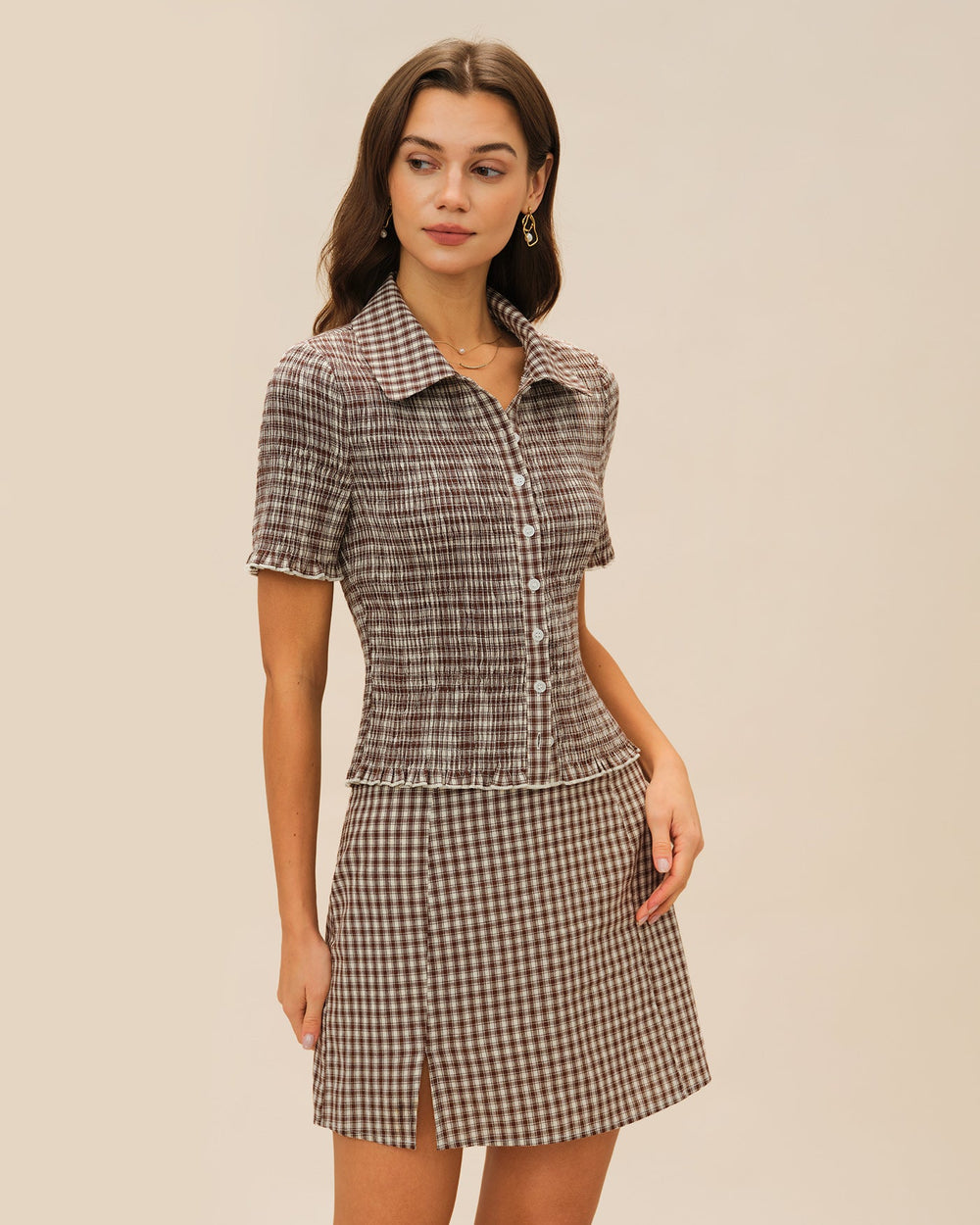Brown Plaid A-Line Skirt | Rihoas