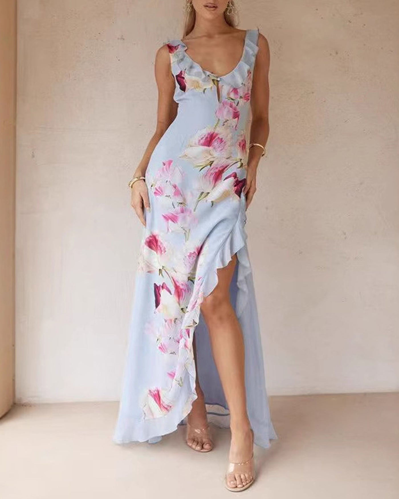 Blue V Neck Floral Ruffle Slip Maxi Dress | Rihoas