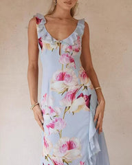 Blue V Neck Floral Ruffle Slip Maxi Dress | Rihoas