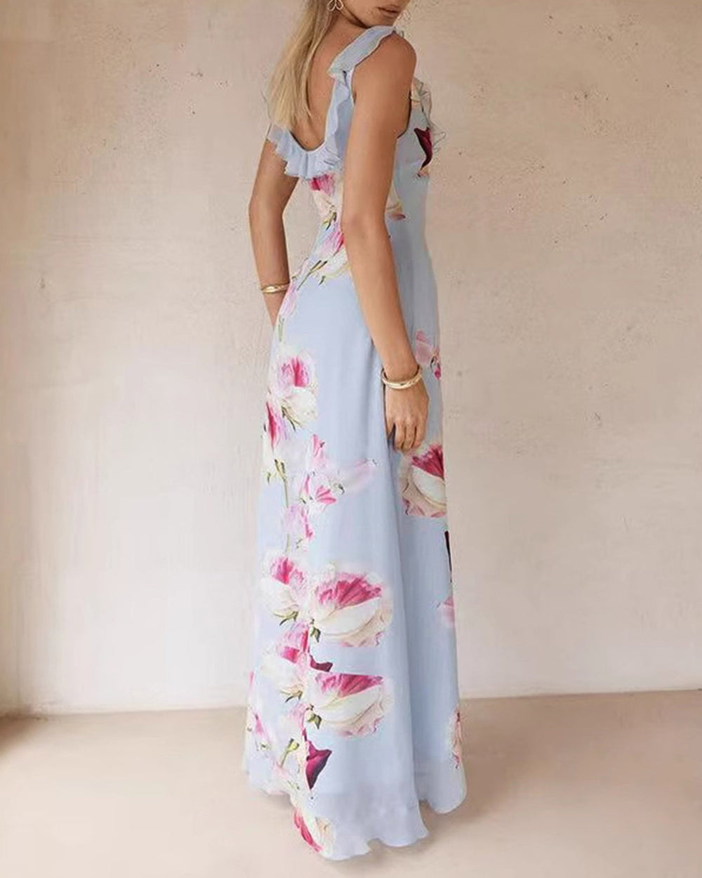 Blue V Neck Floral Ruffle Slip Maxi Dress | Rihoas