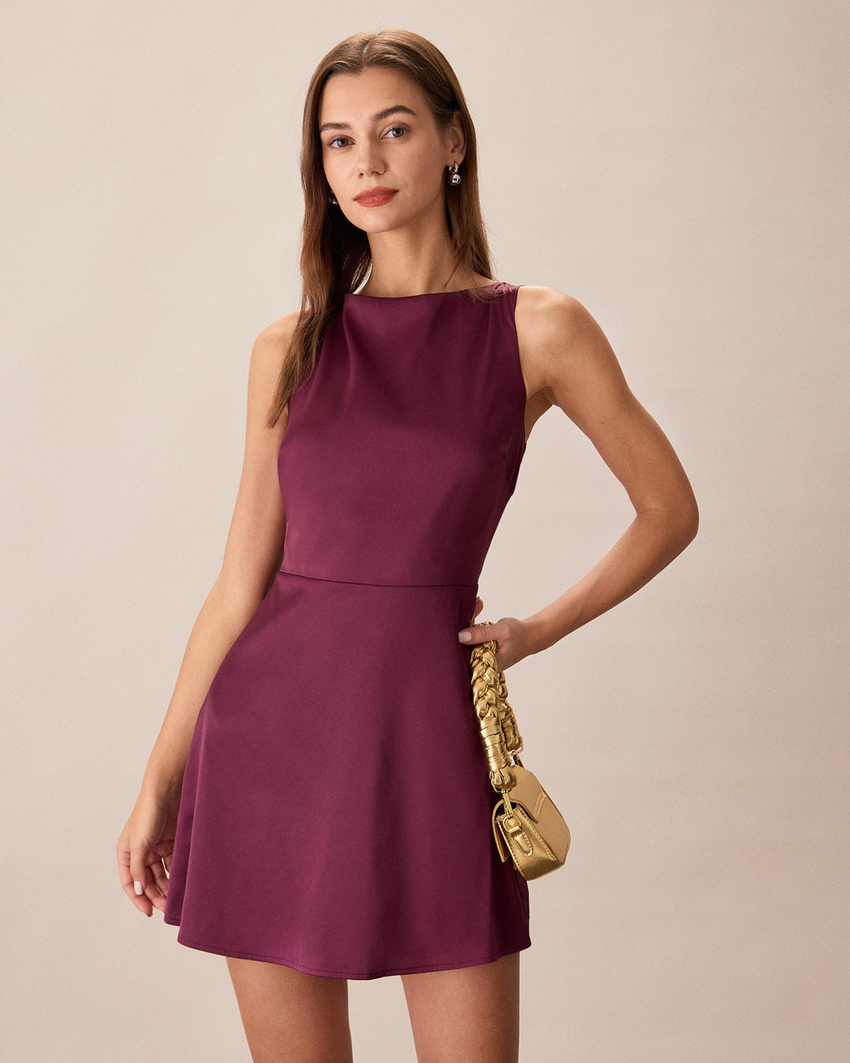 Purple Boat Neck Sleeveless Mini Dress | Rihoas