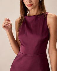 Purple Boat Neck Sleeveless Mini Dress | Rihoas