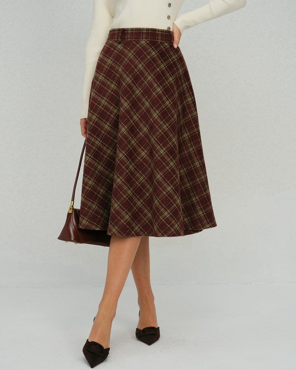 Red Plaid Floral Midi Skirt | Rihoas