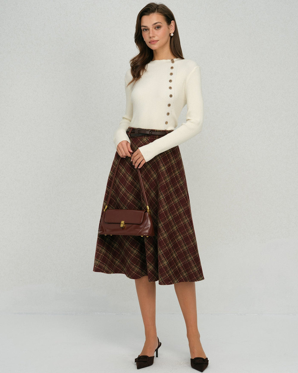 Red Plaid Floral Midi Skirt | Rihoas