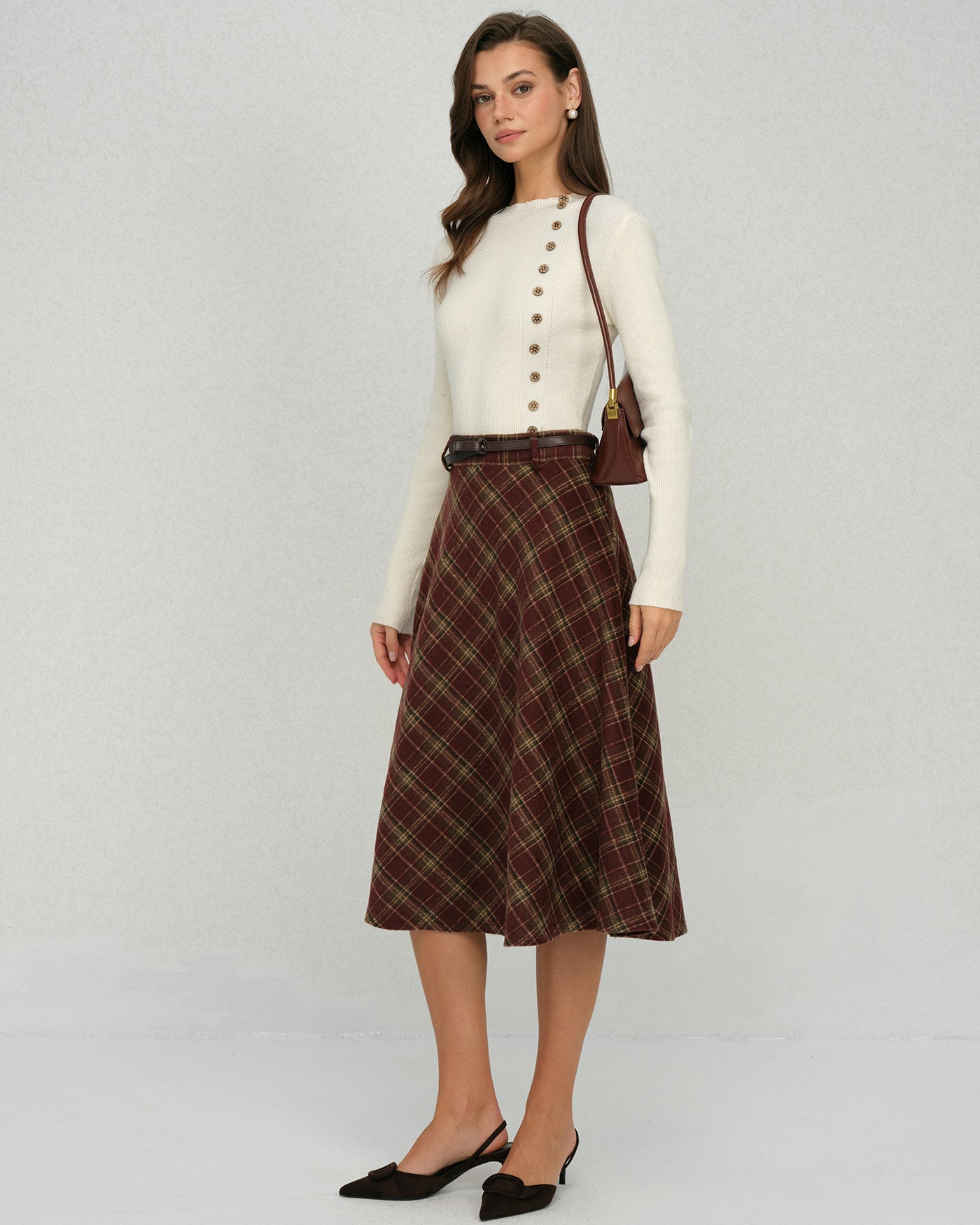 Red Plaid Floral Midi Skirt | Rihoas