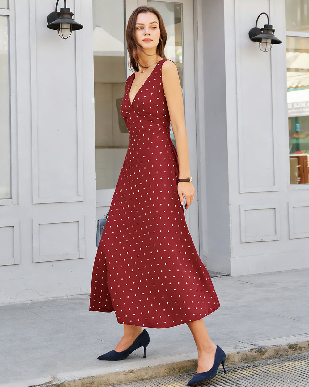 Wine Red Polka Dot Sleeveless Maxi Dress | Rihoas