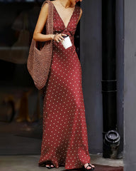 Wine Red Polka Dot Sleeveless Maxi Dress | Rihoas
