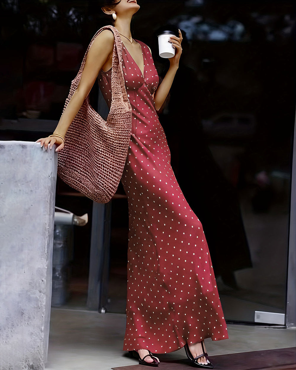 Wine Red Polka Dot Sleeveless Maxi Dress | Rihoas