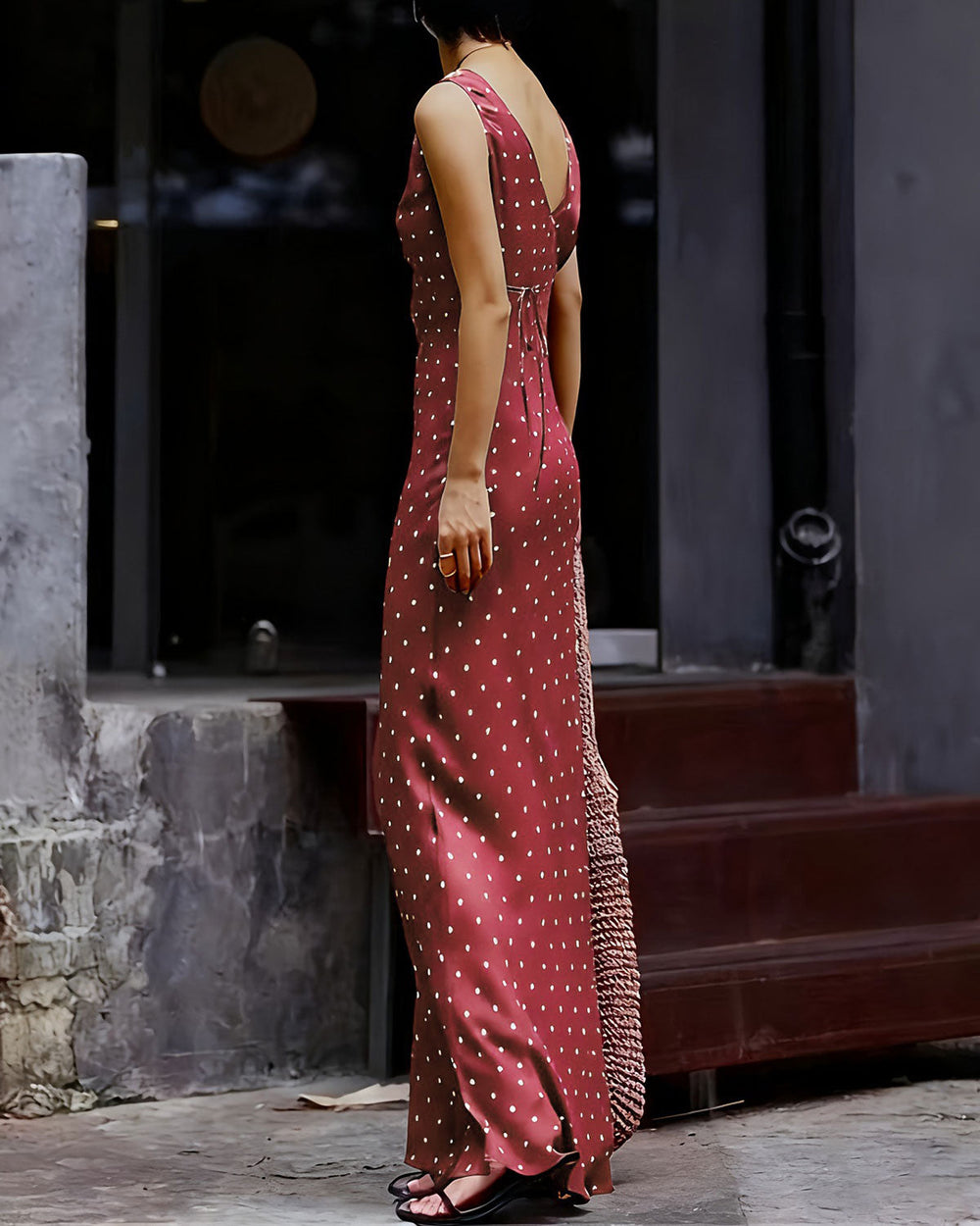 Wine Red Polka Dot Sleeveless Maxi Dress | Rihoas