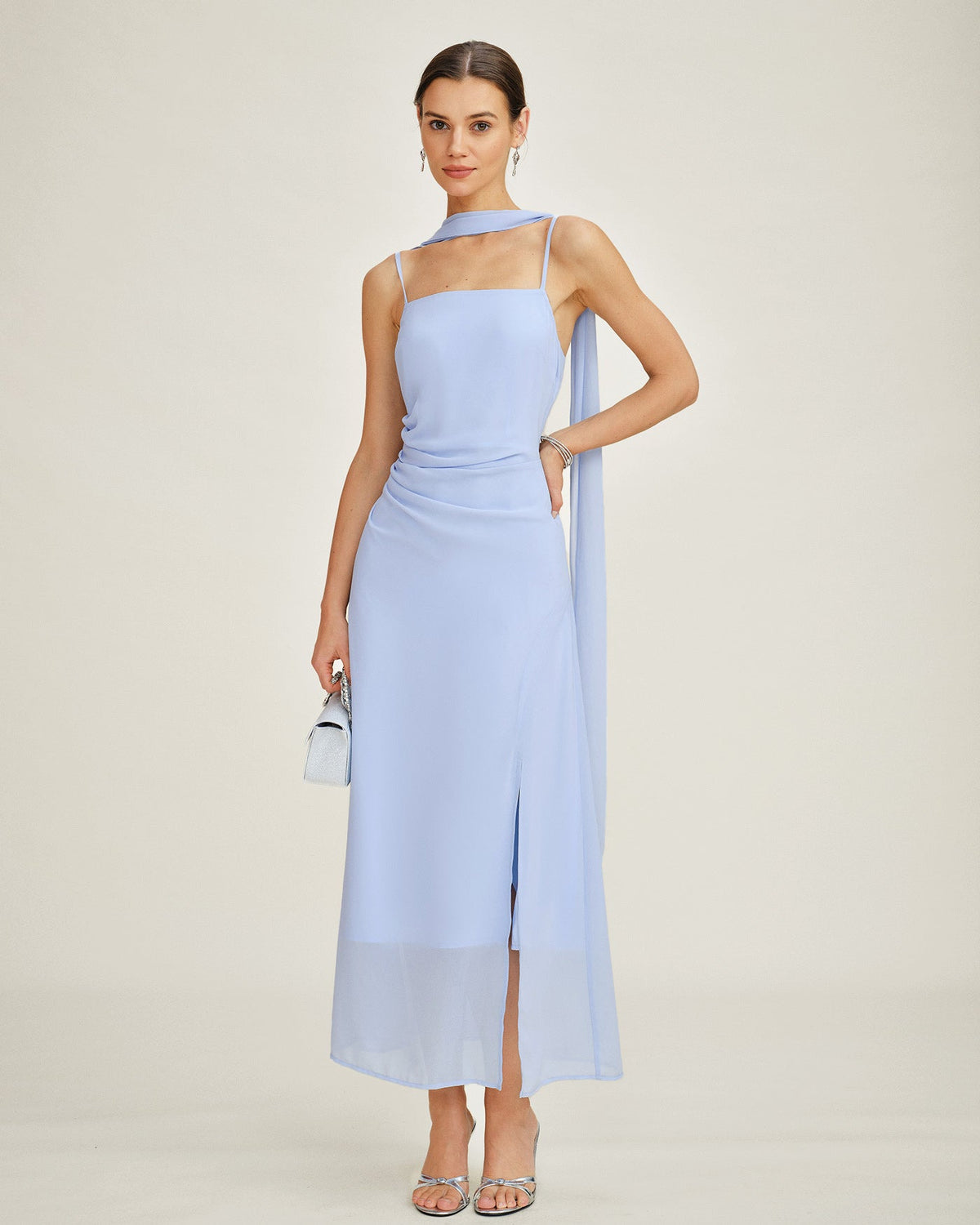 Blue Cowl Neck Strap Chiffon Maxi Dress | Rihoas