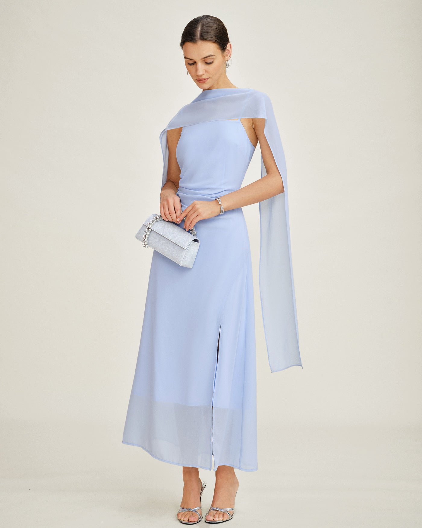 Blue Cowl Neck Strap Chiffon Maxi Dress | Rihoas