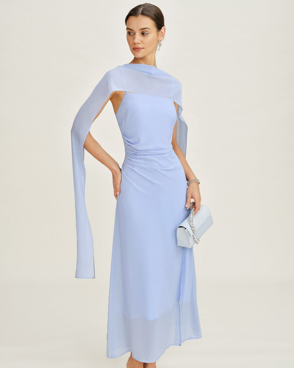 Blue Cowl Neck Strap Chiffon Maxi Dress | Rihoas