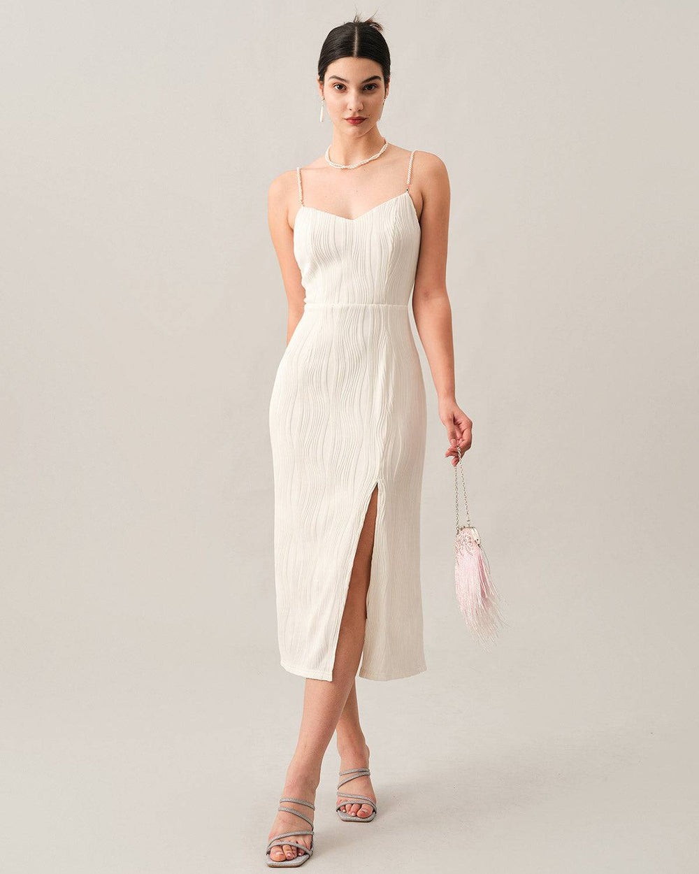 The Wave Textured Pearl Strap Midi Dress | Rihoas