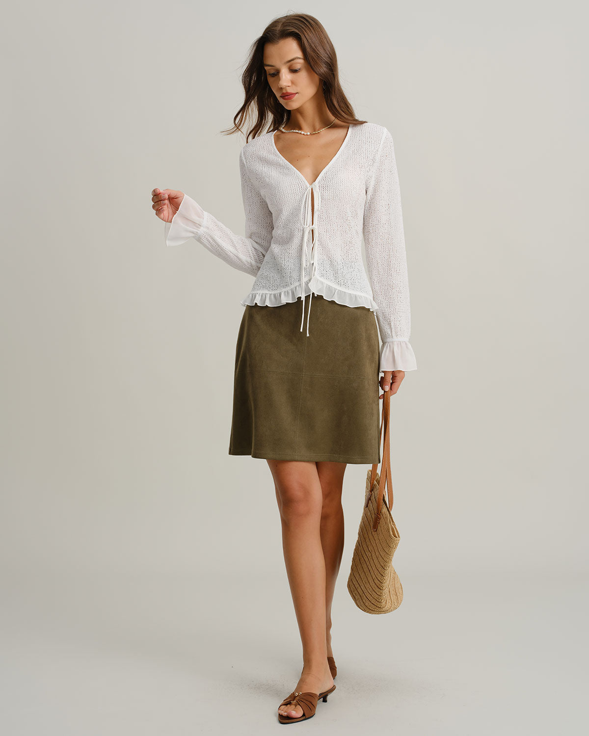 Green Suede Straight Mini Skirt | Rihoas