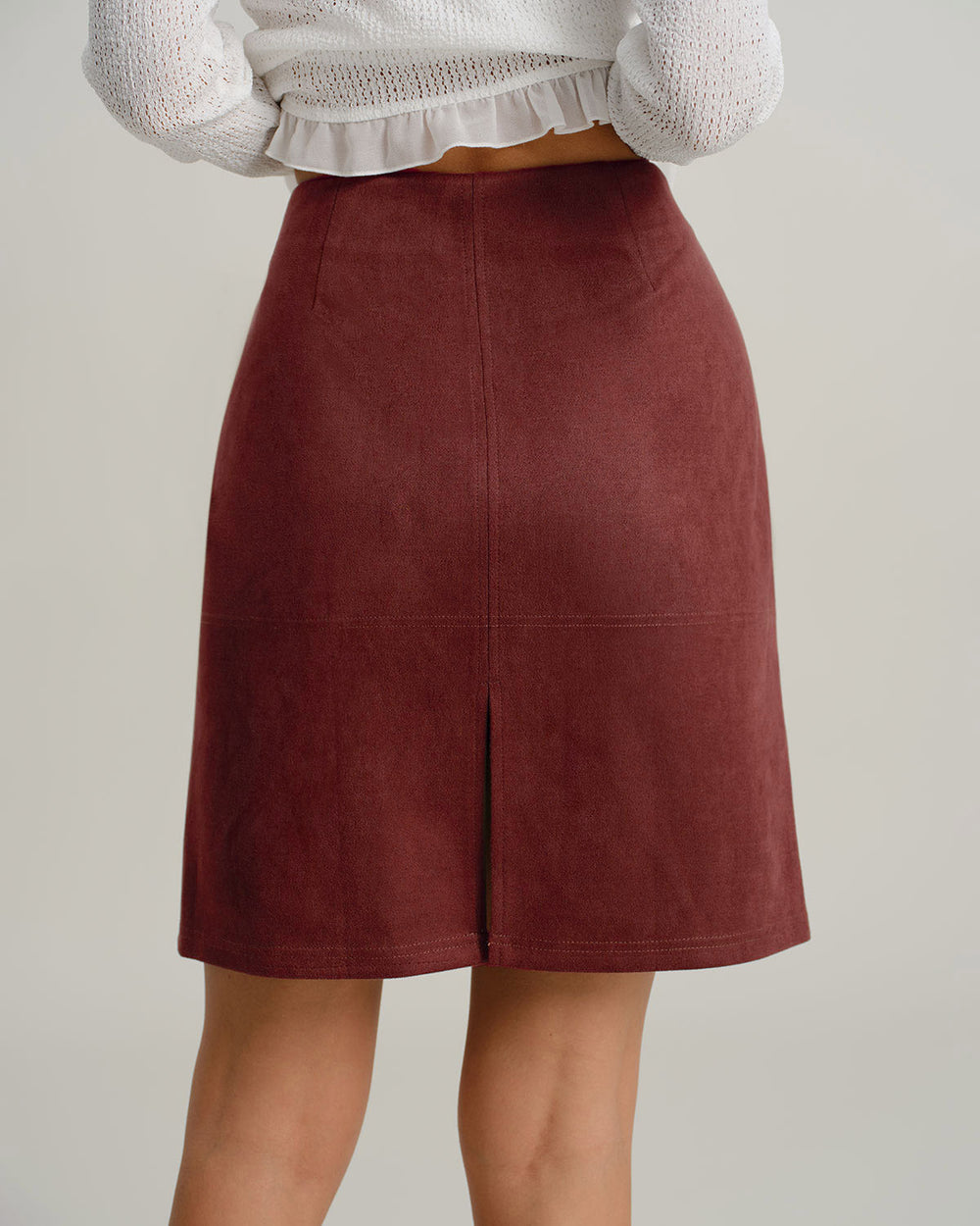 Red Suede Straight Slit Mini Skirt | Rihoas