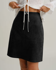 Black Suede Straight Slit Mini Skirt | Rihoas