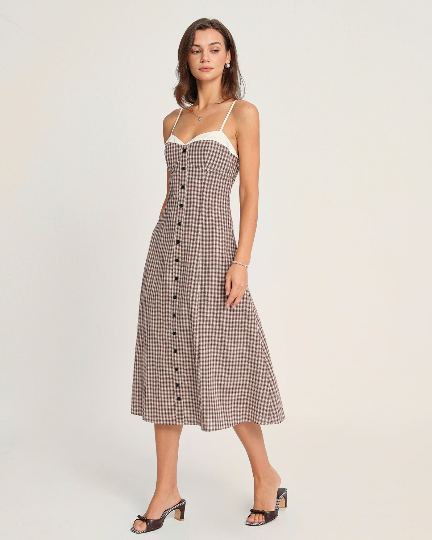 Coffee Plaid Slip Midi Dress | Rihoas