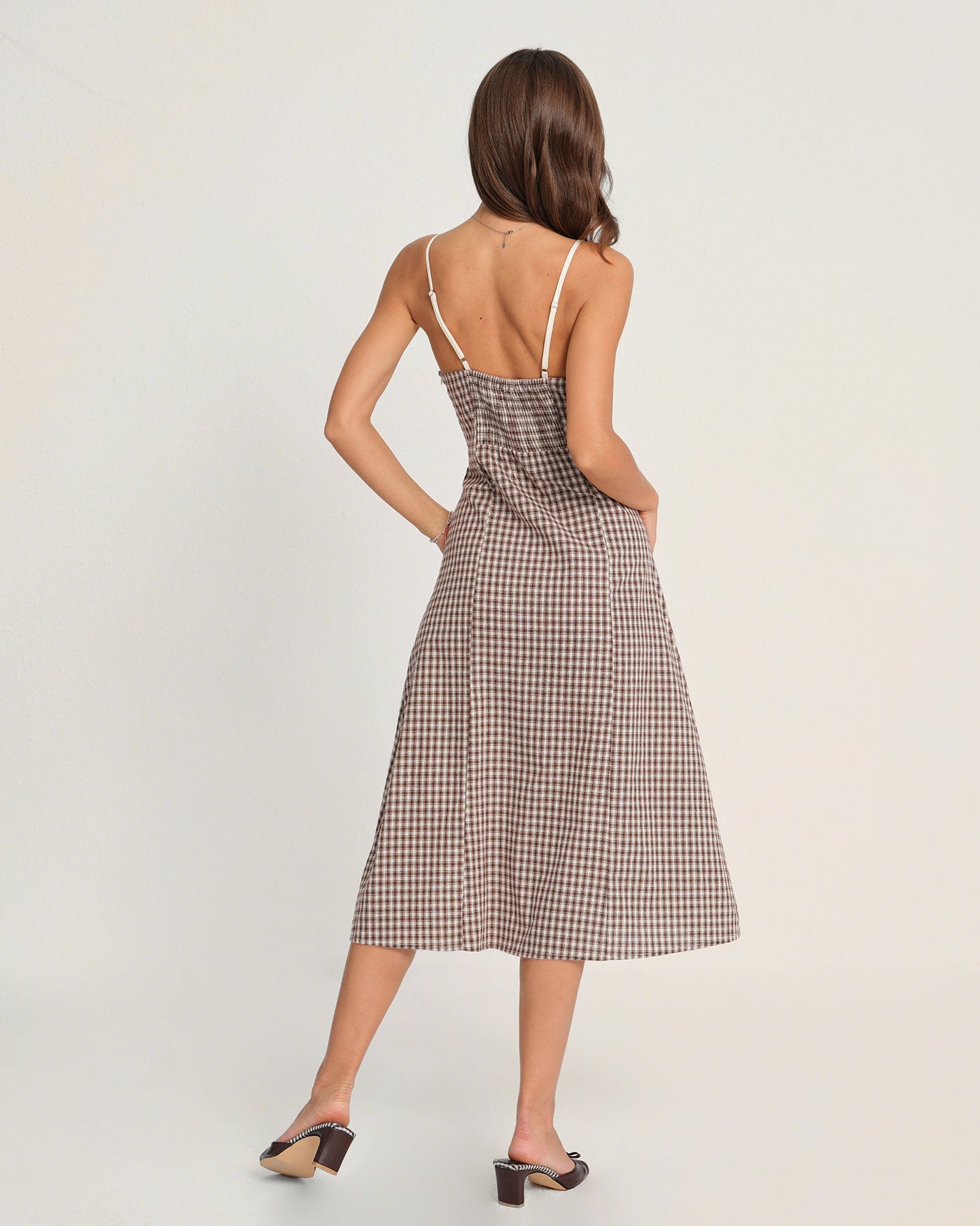 Coffee Plaid Slip Midi Dress | Rihoas