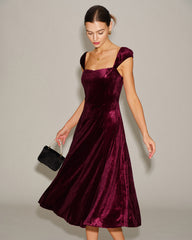 Red Velour Sweetheart Neck Midi Dress | Rihoas