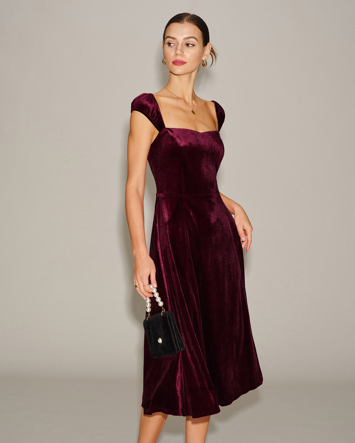 Red Velour Sweetheart Neck Midi Dress | Rihoas